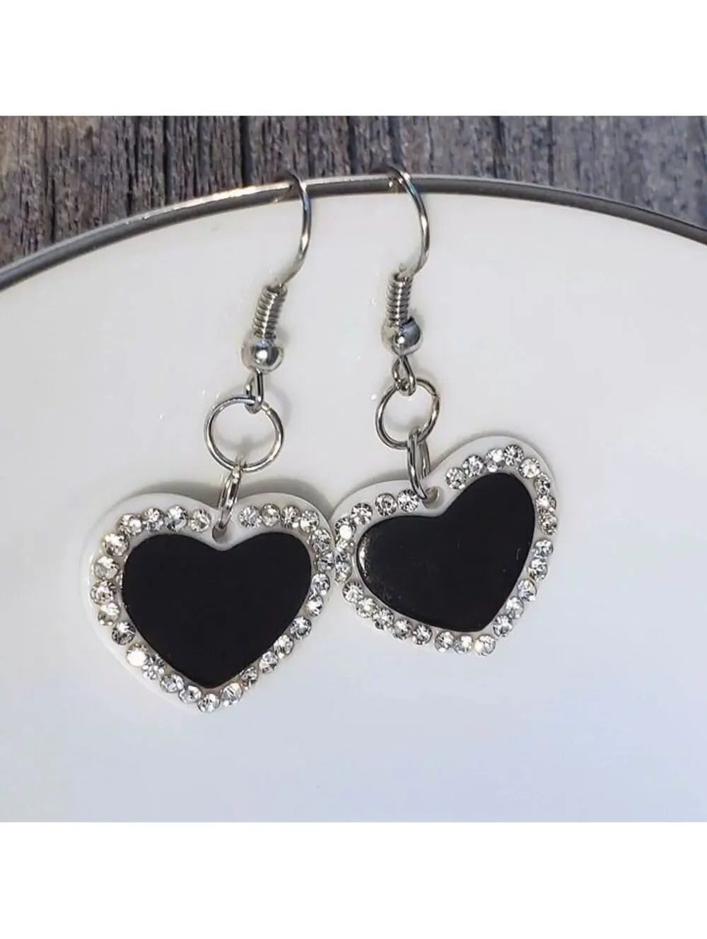 Vintage Y2K White Black Lucite Austrian Crystal Dangly Heart Earrings